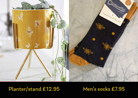 bee planter and stand and men's bee symbol socks.