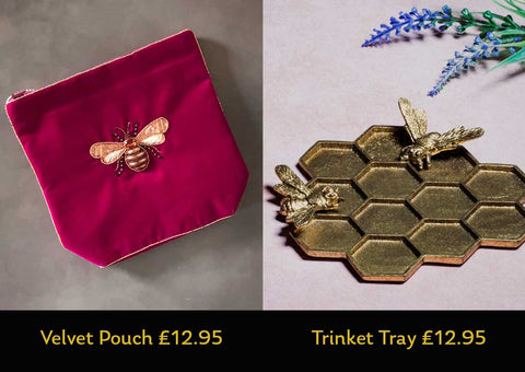bee velvet pouch and bee trinket tray.