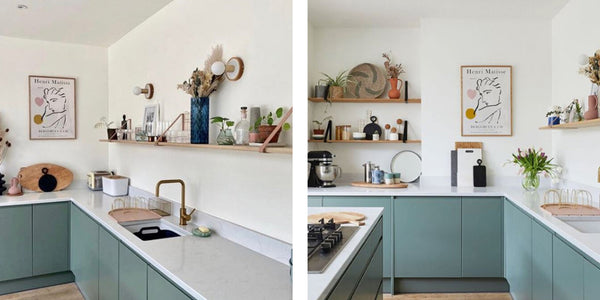 Images of different views of a blue and natural colour kitchen