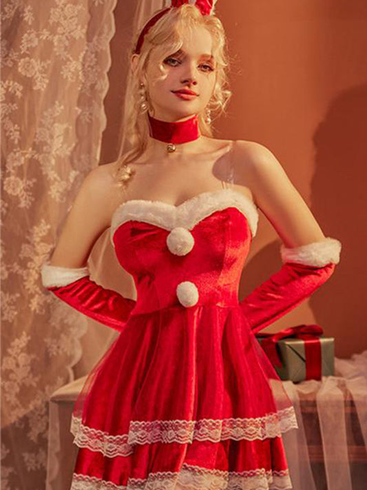 Christmas Lingerie Santa Red Velvet Feathered Sissy Bra & Cheeky