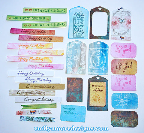 Stamped and Die Cut Images Made Using Emily Moore's Card Sentiment Dies