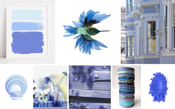 Collage of images featuring the color Cornflower Blue.