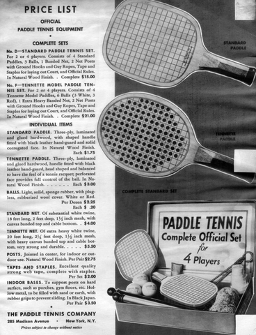 Paddle tennis prices in the 1920s
