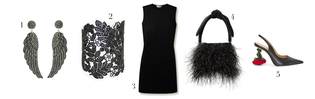 Earrings, bracelet, black dress, black bag, and black shoe.
