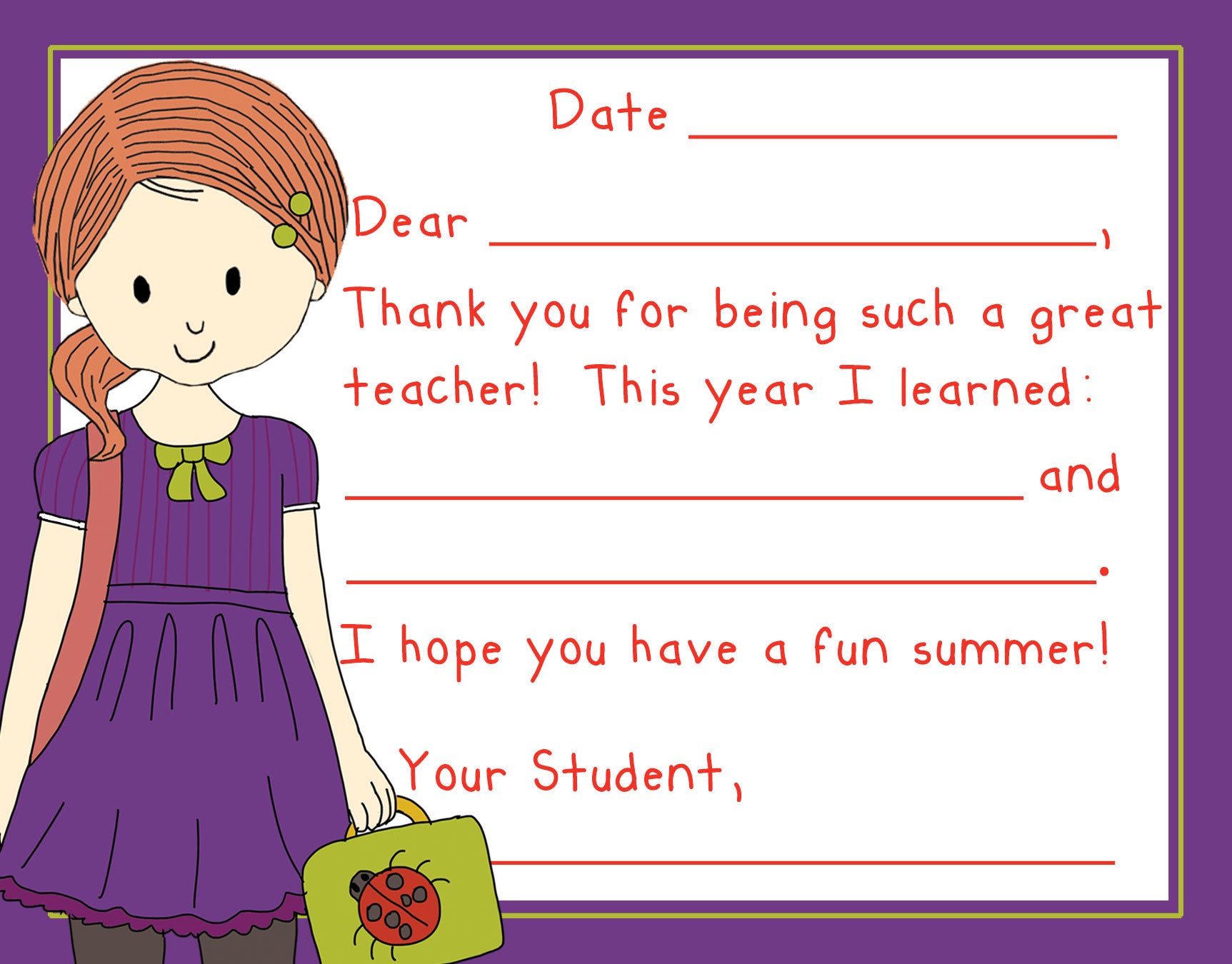 Teacher Thank You Note Cards School Girl Set Of 5 Stacey M Design