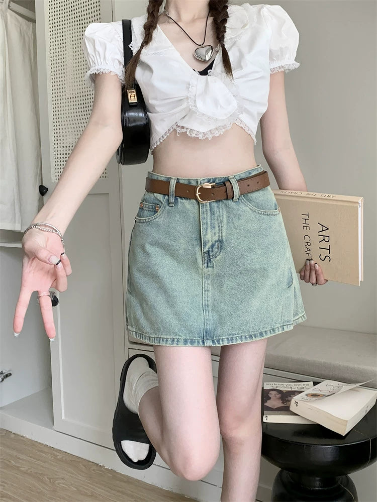 High-waisted A-line slit denim short skirt