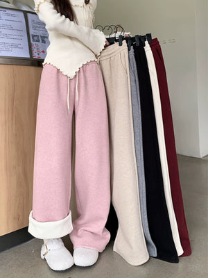 Elasticated Waist Loose Wide-leg Cashmere Warm Casual Pants - WHATBAE