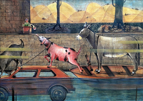 Pink Goat, Acrylic On Paper, artwork by Mahesh