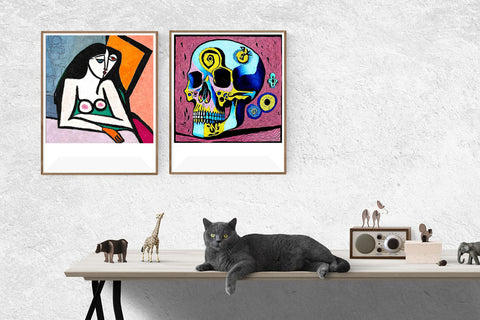 Framed artworks on wall