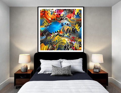 Eternal Bliss Abstract, framed artwork installed on bedroom wall