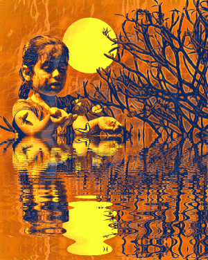 Right Reflection, animated artwork wherein a girl is trying to catch butterflies in water in the night