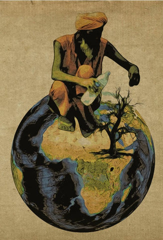 A sadhu sitting on the Globe, trying to save the last tree