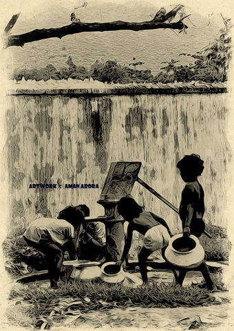 Indian village children filing water from common handpump