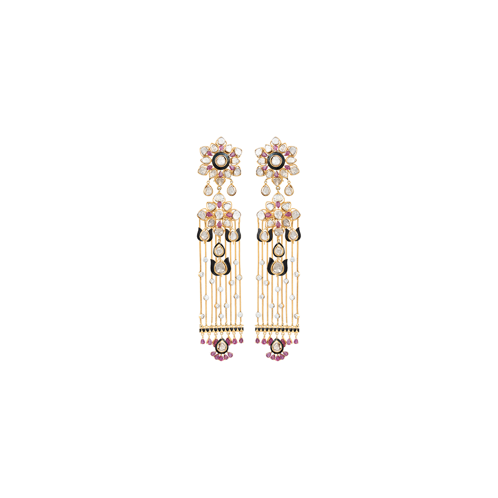 Rubies and Diamond Polki Earrings with Black Enamel
