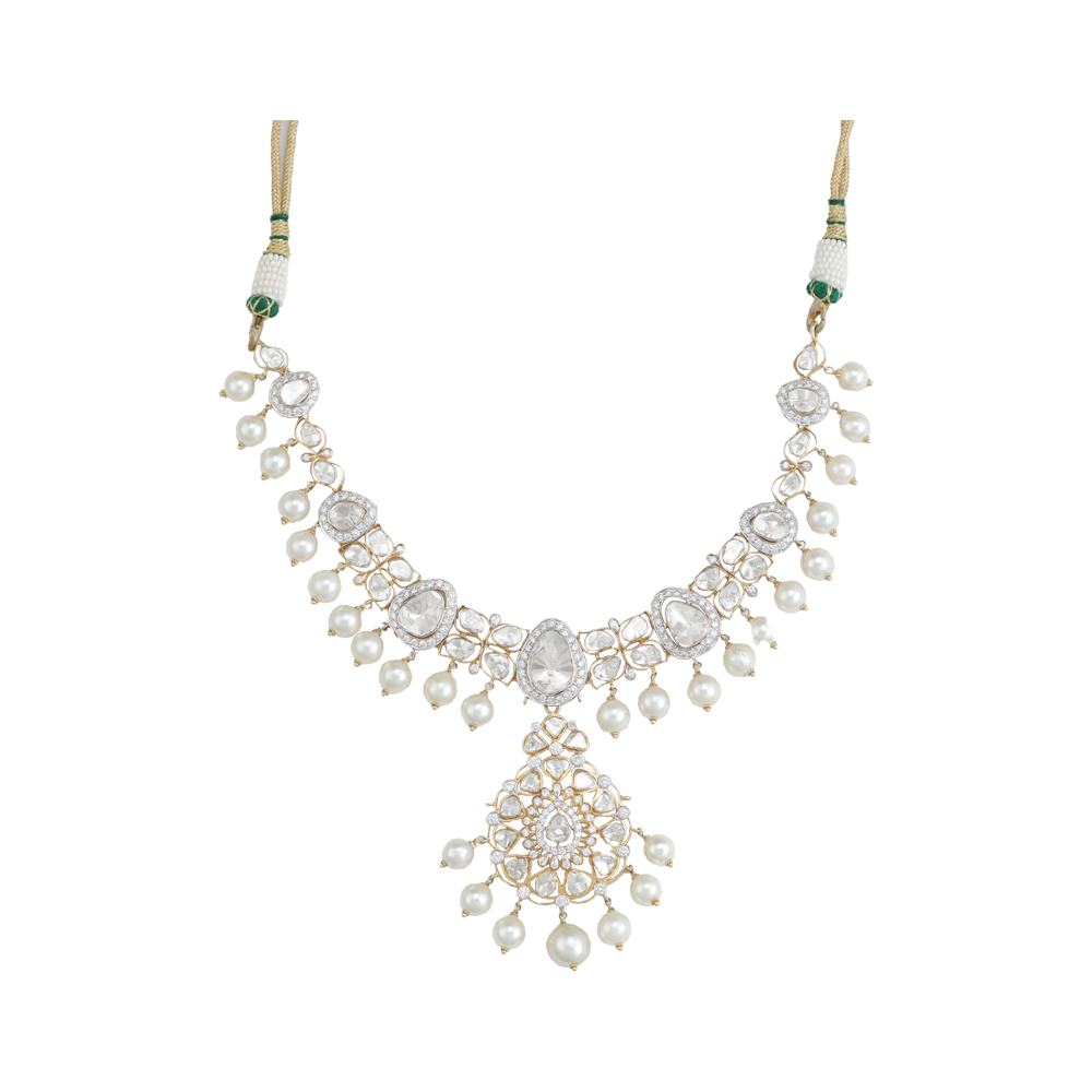 Polki Necklace with Diamonds & Pearls