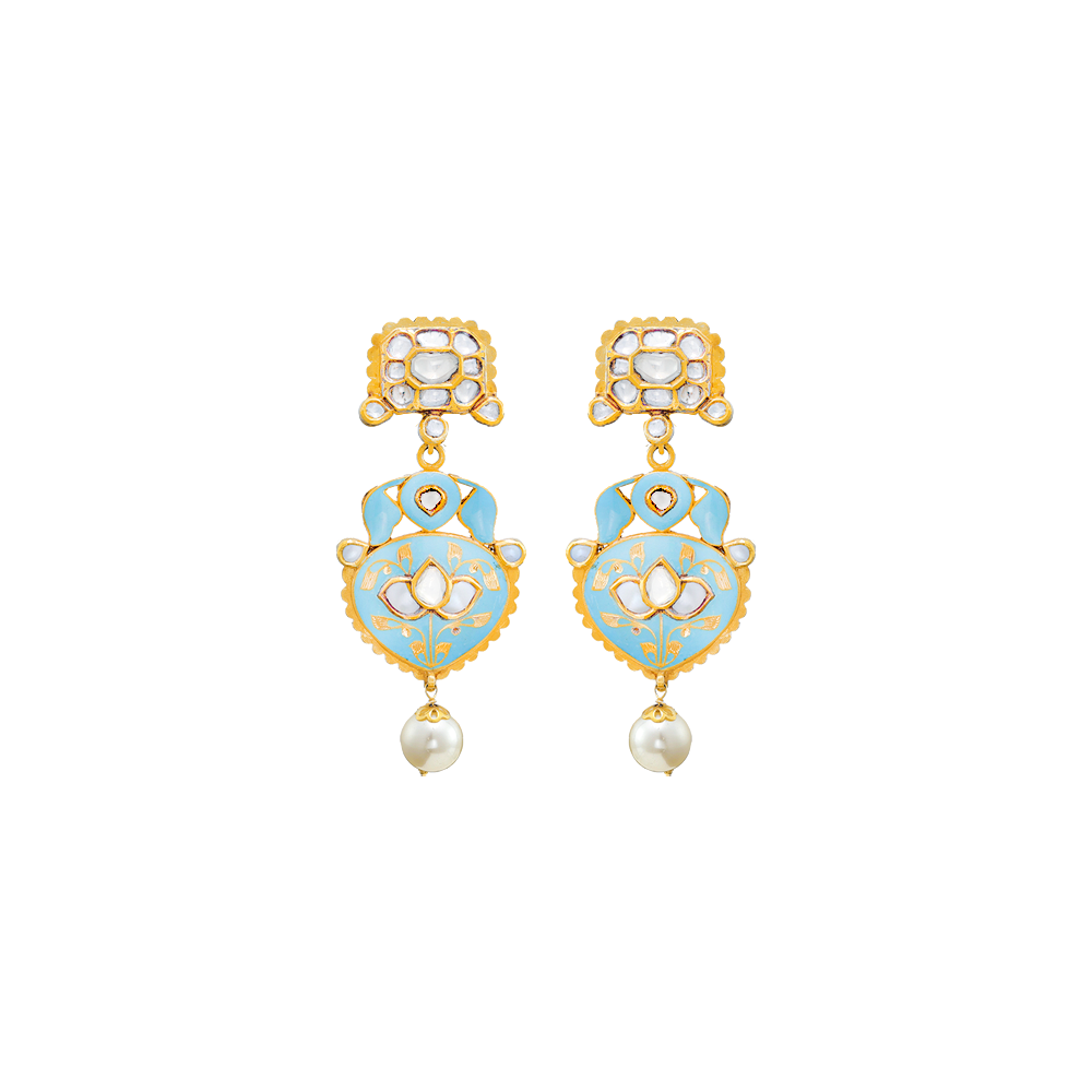 Turquoise Enamel Earrings with Diamond Polki & Pearls