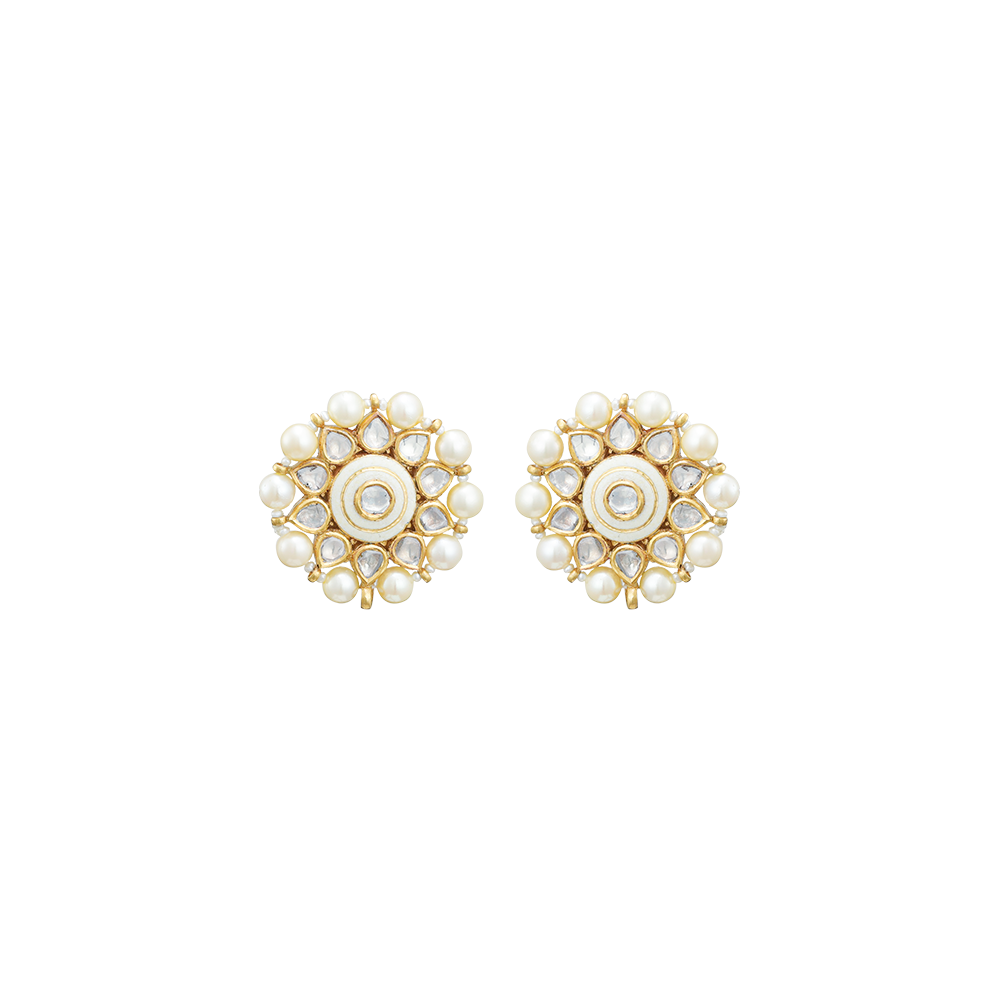 Ivory Enamel Studs with Polkis & Pearls
