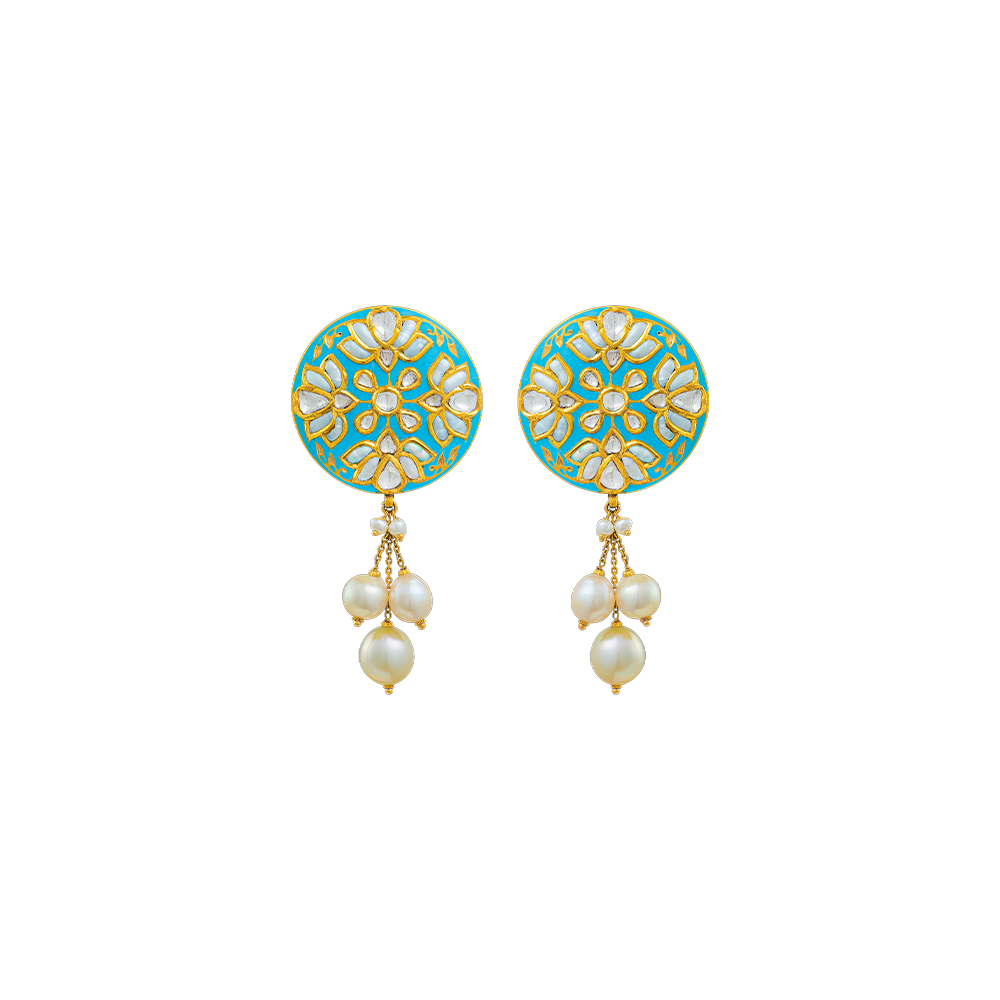 Turquoise Enamel Studs with Polki & Pearls