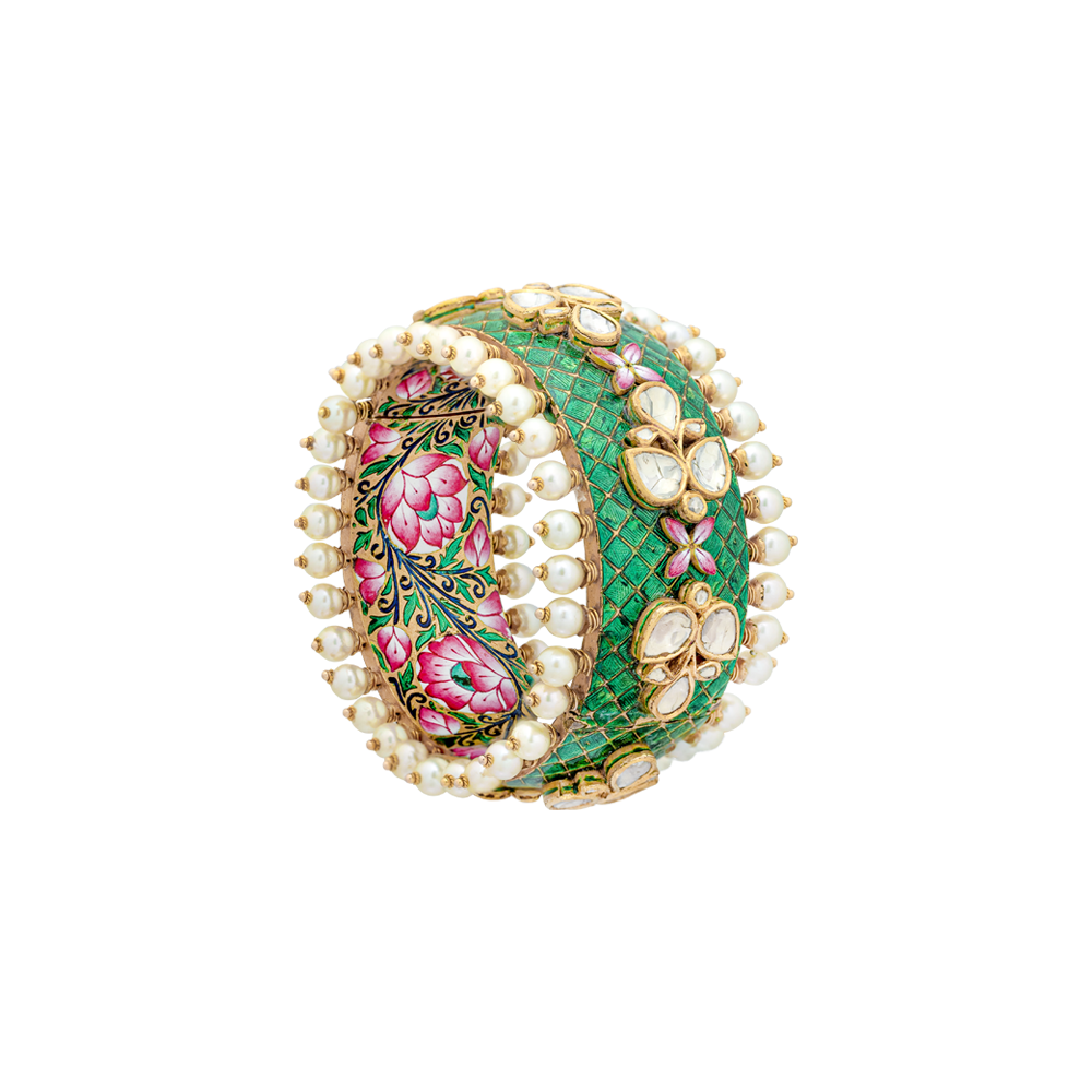 Green Pink Enamel Broad Bangle with Polkis & Pearls