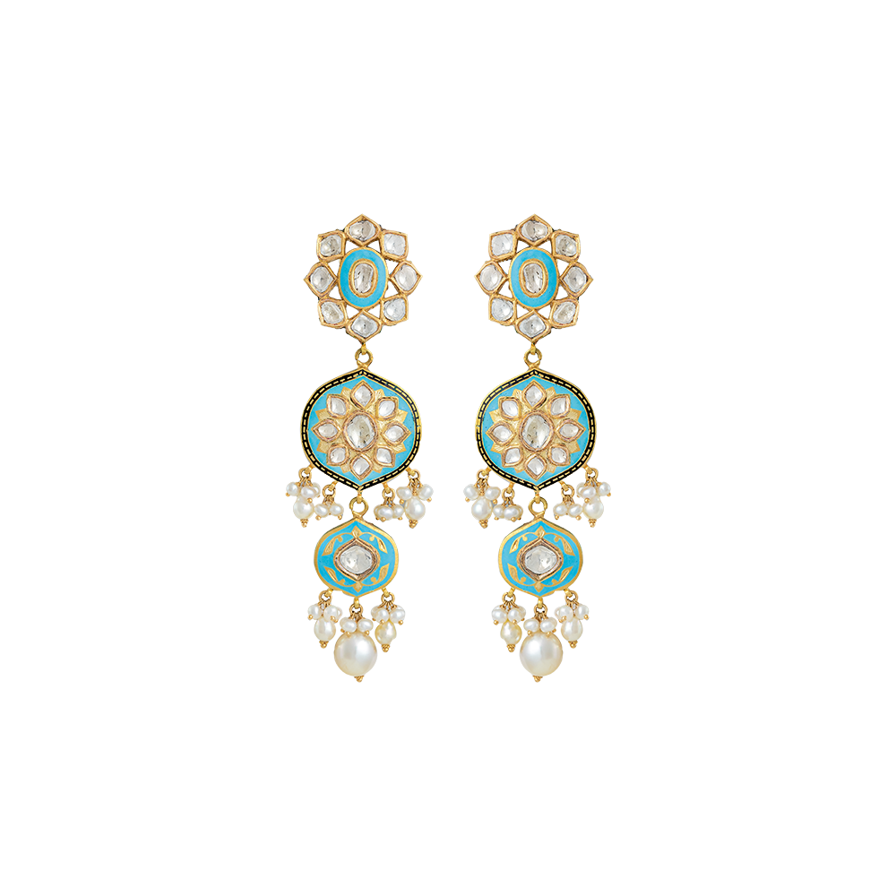 Turquoise Enamel Earrings with Diamond Polki