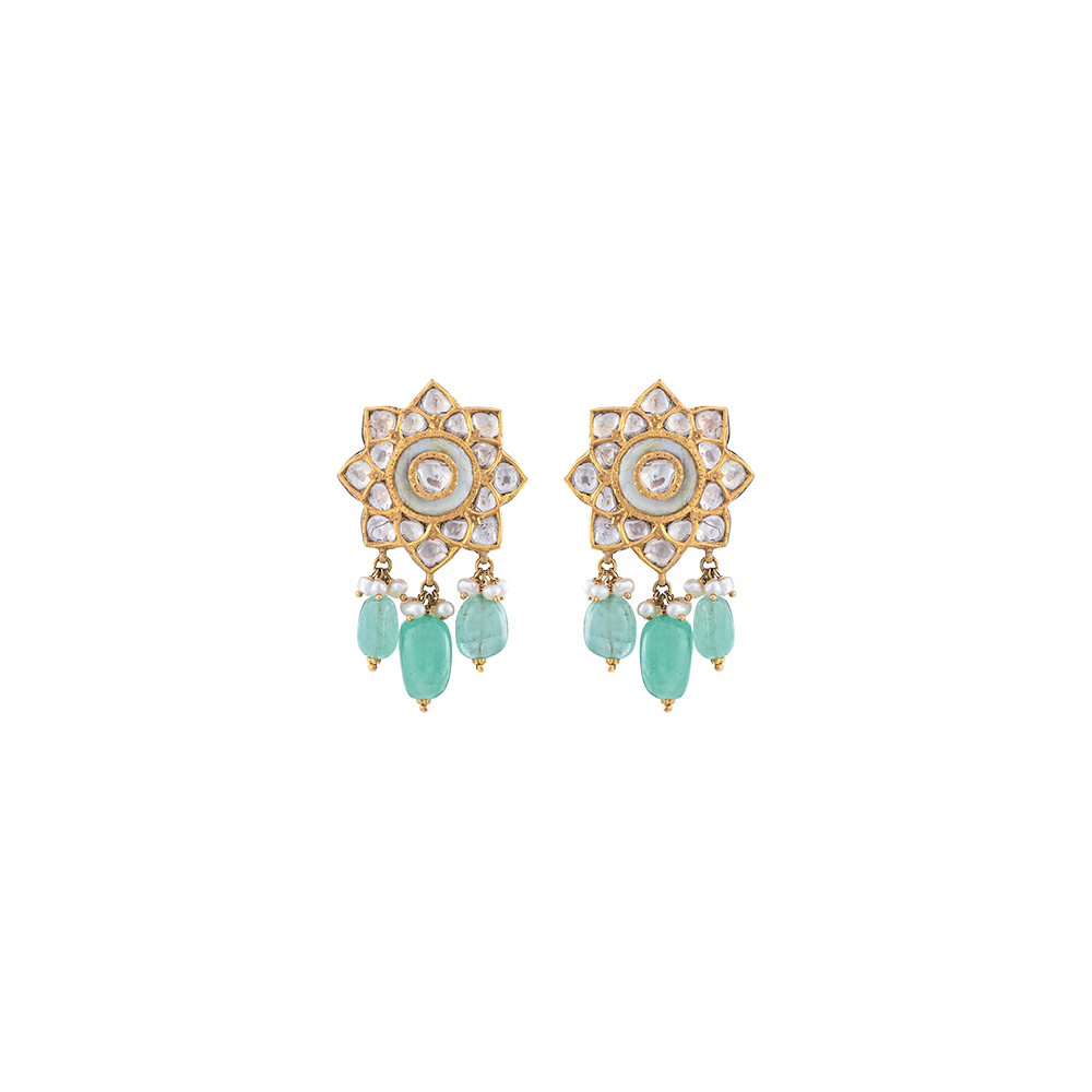 Polki Flower Studs with Russian Emeralds Hangings
