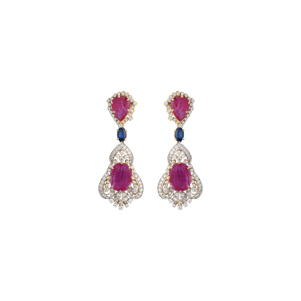 Ruby Earrings with Blue Sapphire & Diamonds