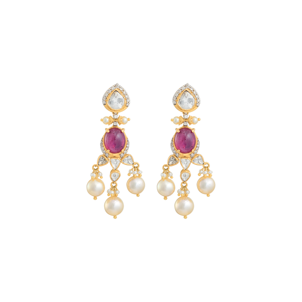Ruby Earrings with Polkis, Diamonds & Pearls