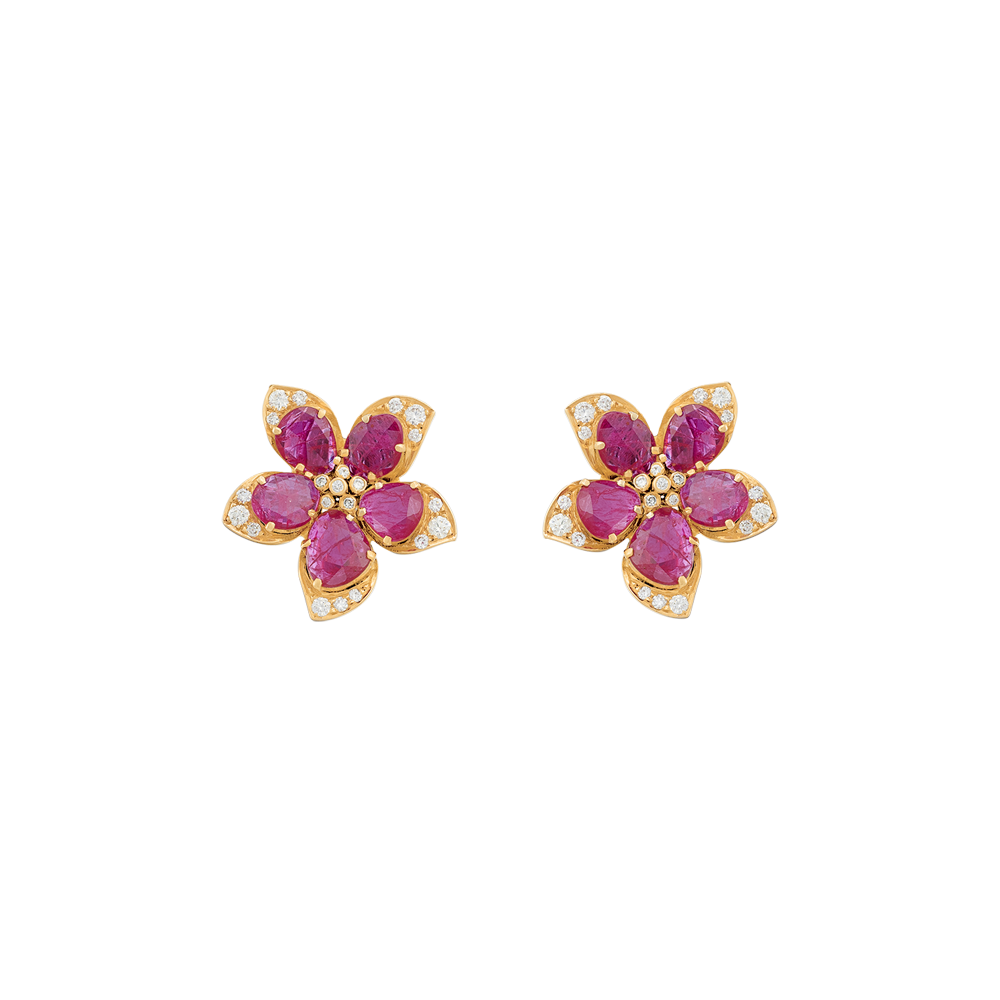 Ruby Petals Flower Studs with Diamonds