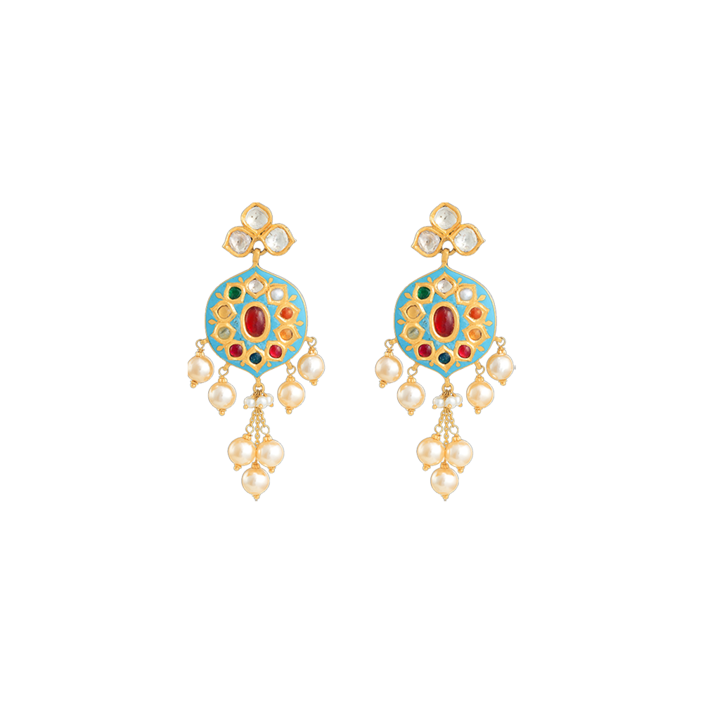 Navratan Earrings with Polkis & Pearls