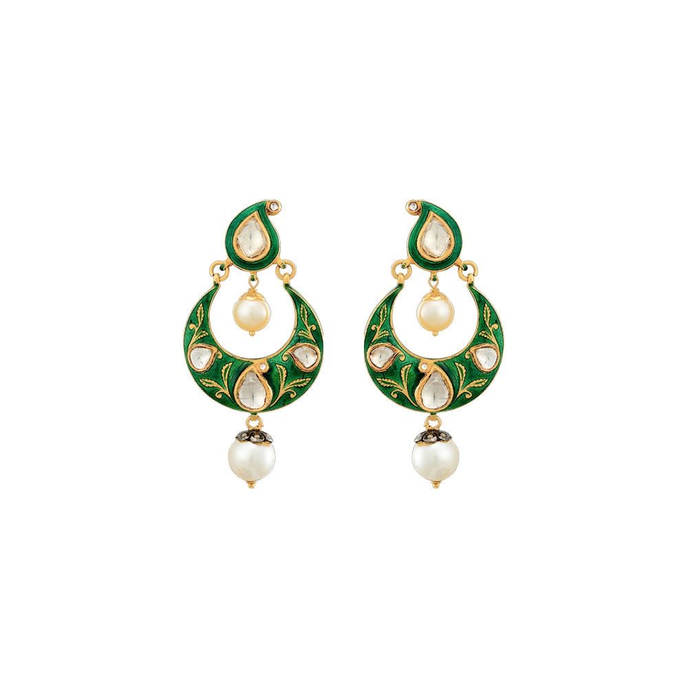 Green Enamel Chandbaali with Polkis & Pearls