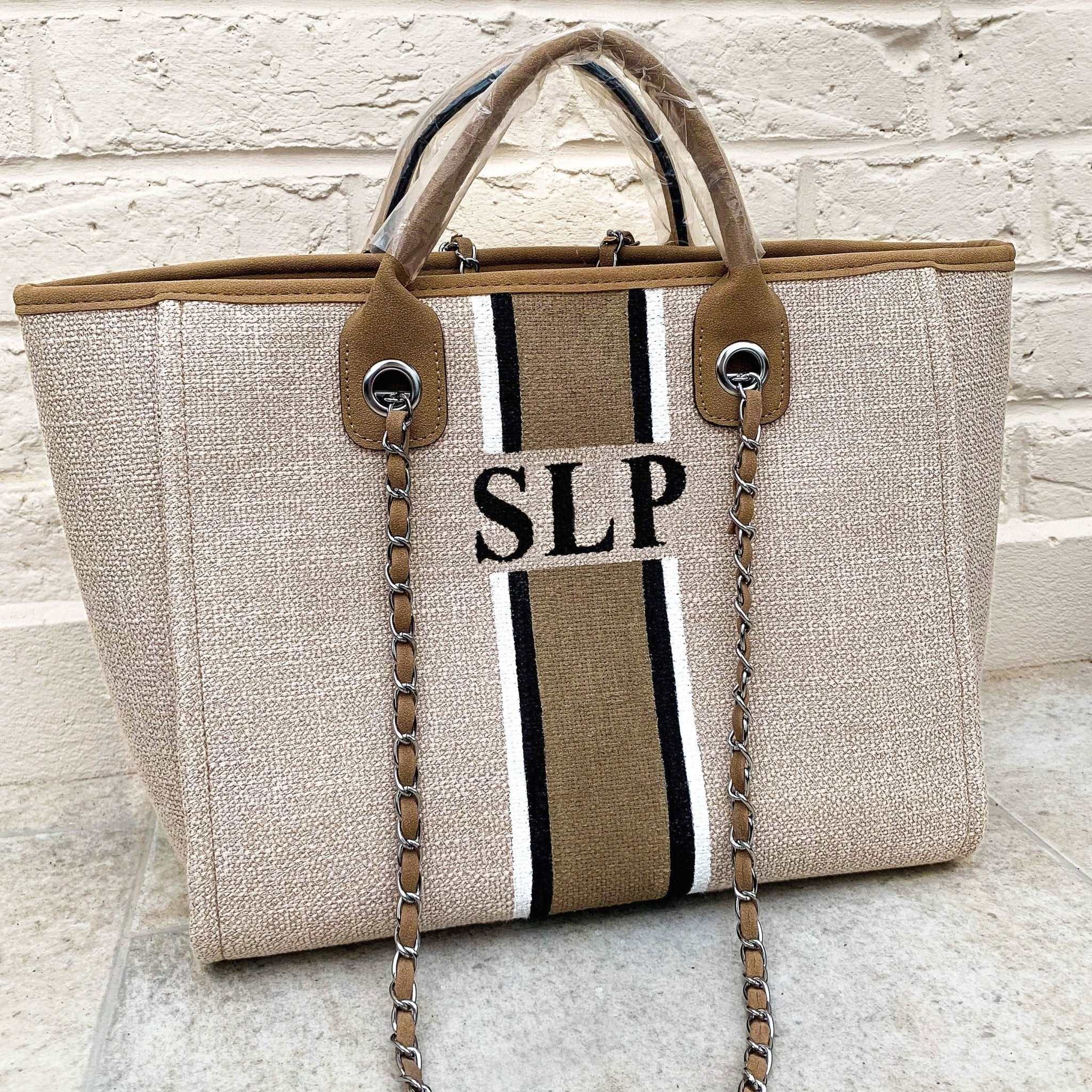 Beige Personalised Canvas Tote Bag with Initials - Purlee