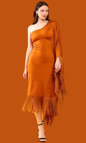 Special Occasion fringe marigold dress in rust with stretch.