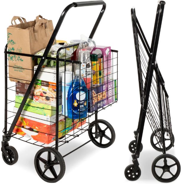 VIP Folding Steel Grocery Cart w/ Double Basket, Swivel Wheels, 220lb Cap