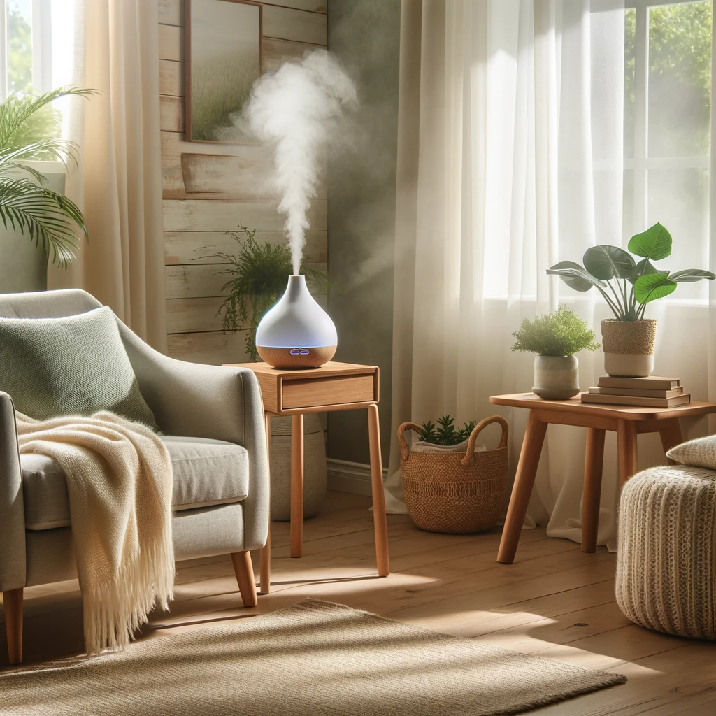 Photo of a well-lit, cozy living room with a modern essential oil diffuser releasing a gentle mist on a wooden side table.