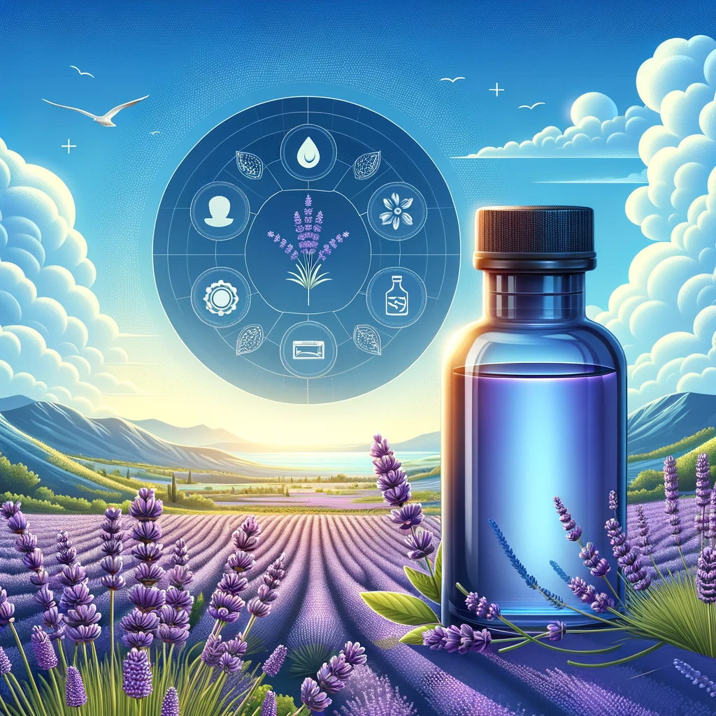 A visually appealing and informative illustration focused on Lavender essential oil.