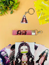 Nezuko Kamado Demon Slayer 3 Item Gift Combo: 9 Self adhesive mini posters, 1 Double Sided Keychain, 1 Key-Tag