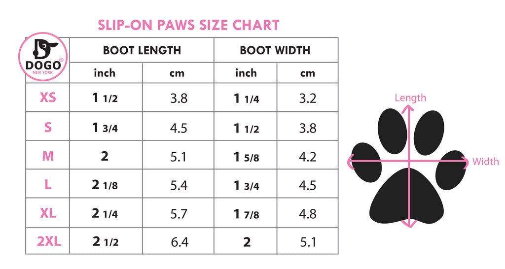 Slip-On Paws Size Chart