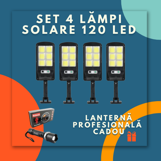 Set 4 X Proiector solar 6 celule, 30W, 120 LED, cu senzor de miscare + Lanterna multifuntionala Swat CADOU