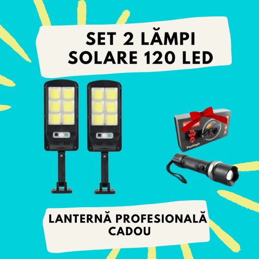 Set 2 X Proiector solar 6 celule, 30W, 120 LED, cu senzor de miscare + Lanterna multifuntionala Swat CADOU