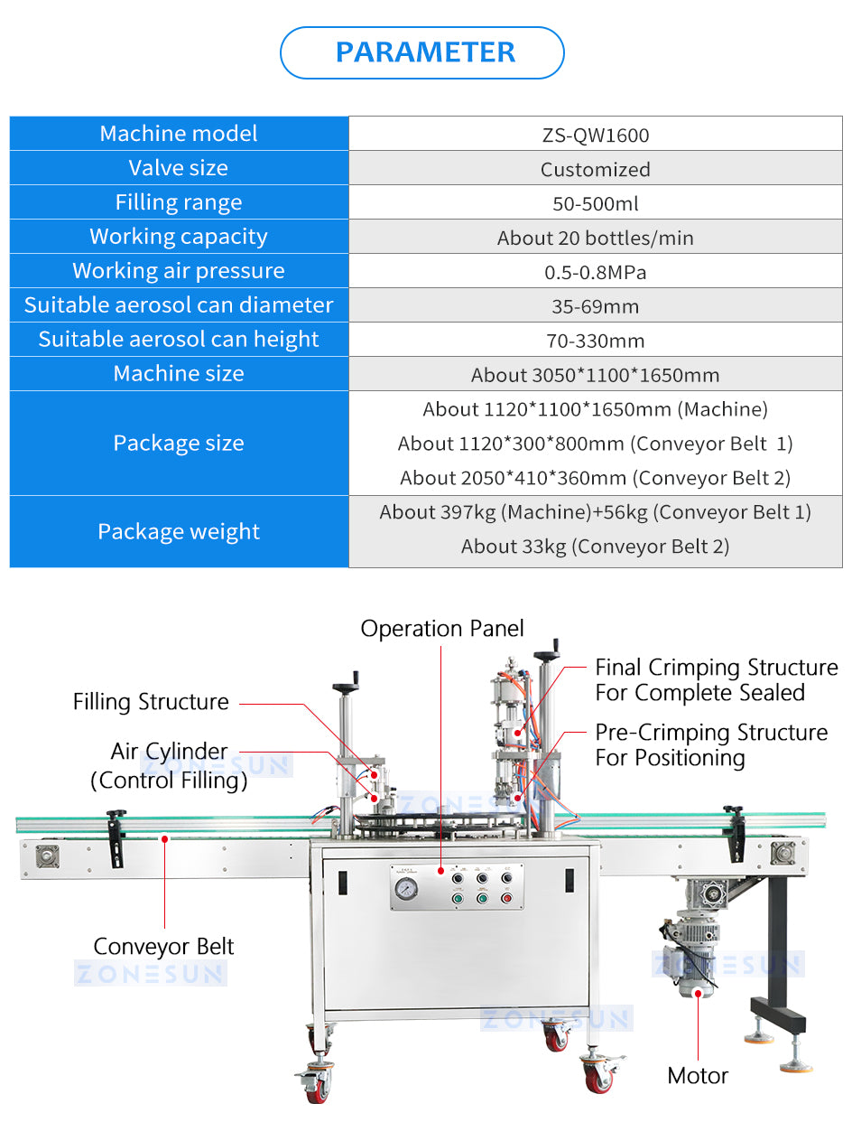 ZONESUN Semi Automatic Aerosol Filling Machine Spray Can Sealer Equipment ZS-QW1600