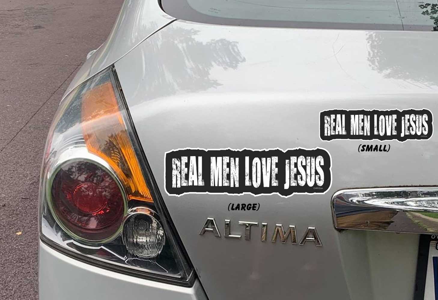 LARGE AND SMALL REAL MEN LOVE JESUS CHRISTIAN BUMPER STICKERS ON CAR