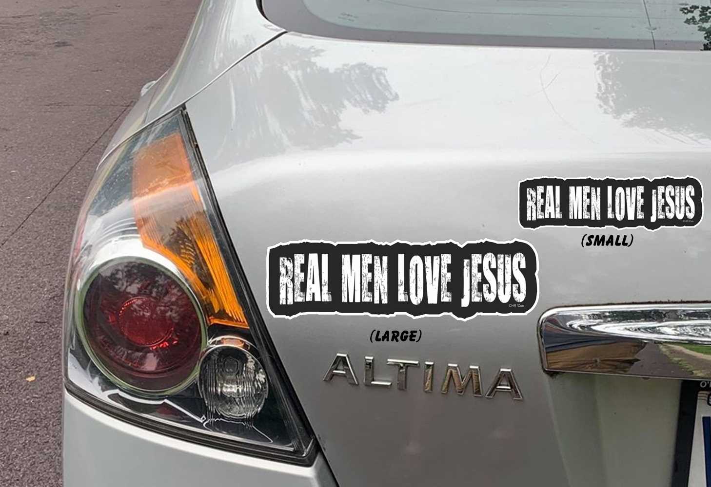 REAL MEN LOVE JESUS CONTOURED CAR STICKERS ON CAR