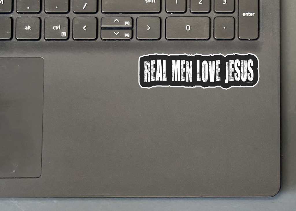 REAL MEN LOVE JESUS MINI STICKER ON LAPTOP