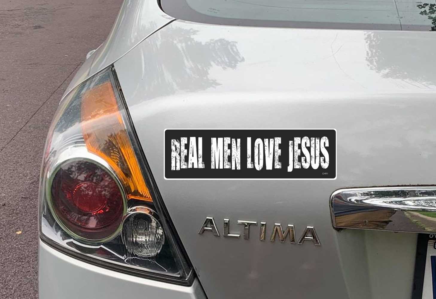 REAL MEN LOVE JESUS BUMPER STICKER ON CAR