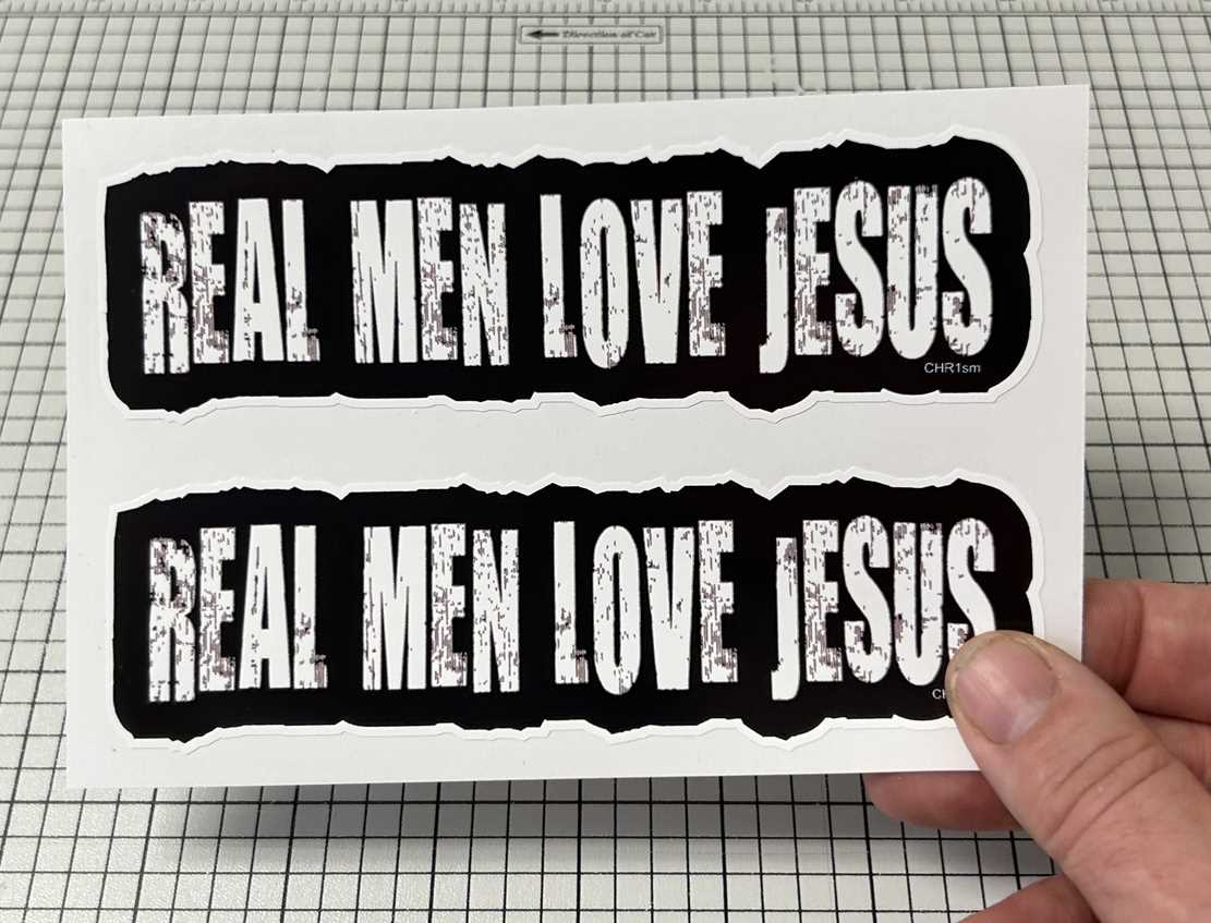 REAL MEN LOVE JESUS - CHRISTIAN SMALL BUMPER STICKER SET IN HAND