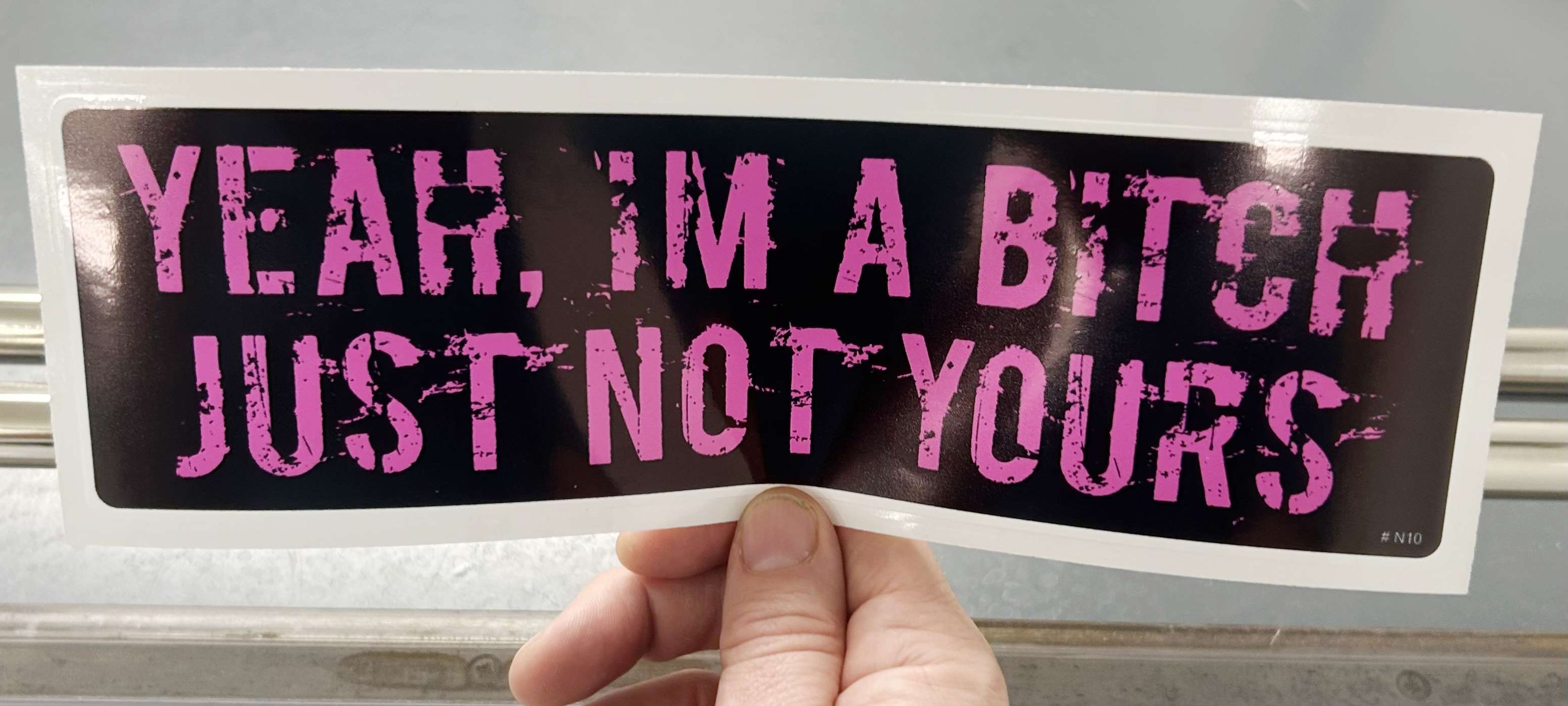 bumper sticker in hand