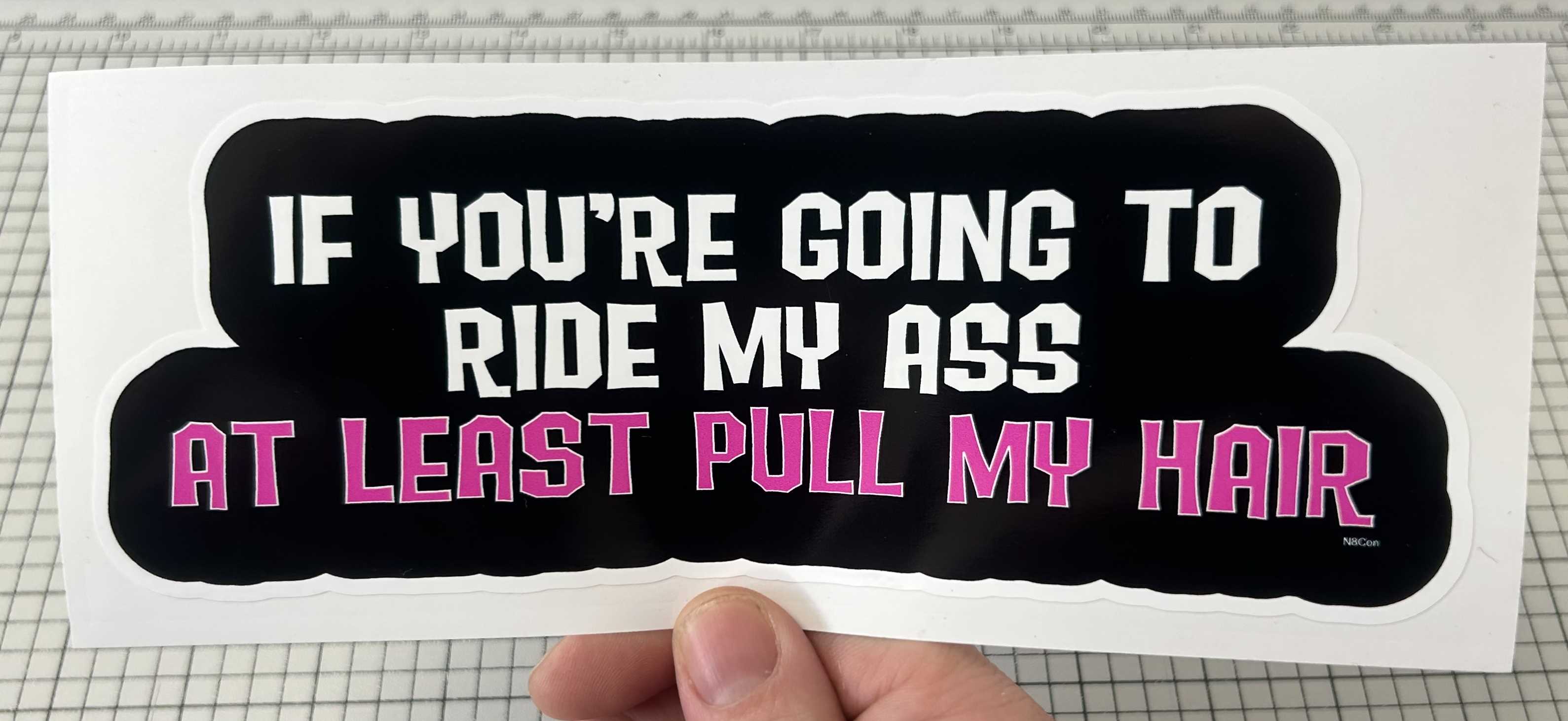 YOU'RE GOING TO RIDE MY ASS, AT LEAST PULL MY HAIR BUMPER STICKER IN HAND