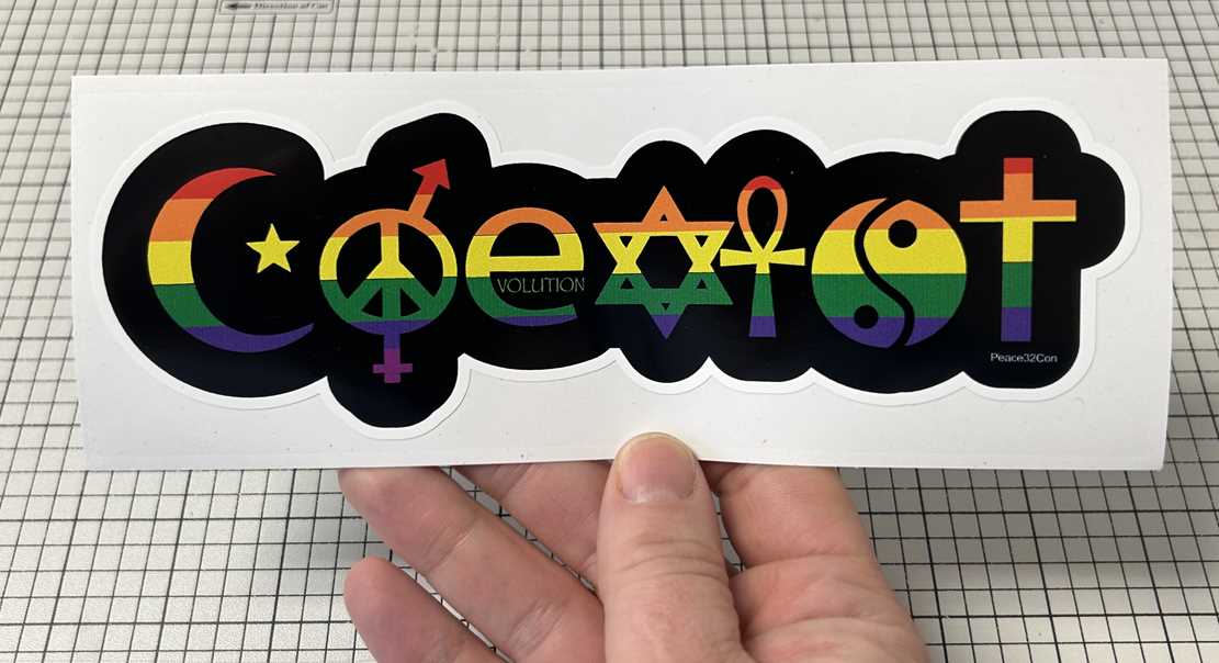 COEXIST - RAINBOW ON BLACK - LARGE CAR STICKER IN HAND