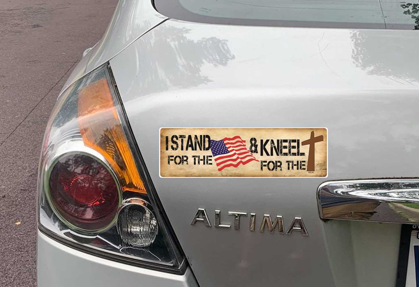 I STAND FOR THE FLAG AND KNEEL FOR THE CROSS BUMPER STICKER ON CAR