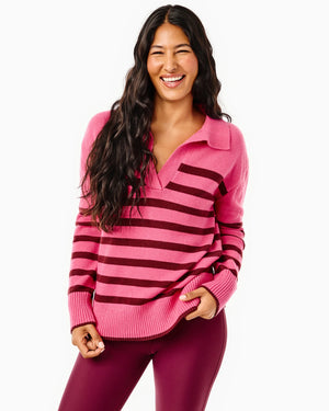 Carlyle Rugby Sweater in Lacquer/Rose Stripe - Baseline Social